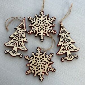 Lot 4 Pottery Barn Ornaments (2 Tree, 2 Snowflake) Wood Cutout/Plaid Scandi